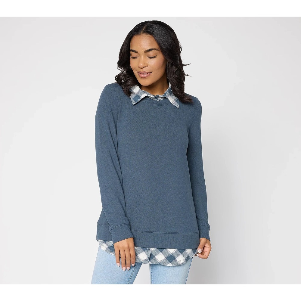 Denim & Co. Heavenly Jersey Solid/Plaid Long Sleeve 2fer Top Slate Grey 2X #840P